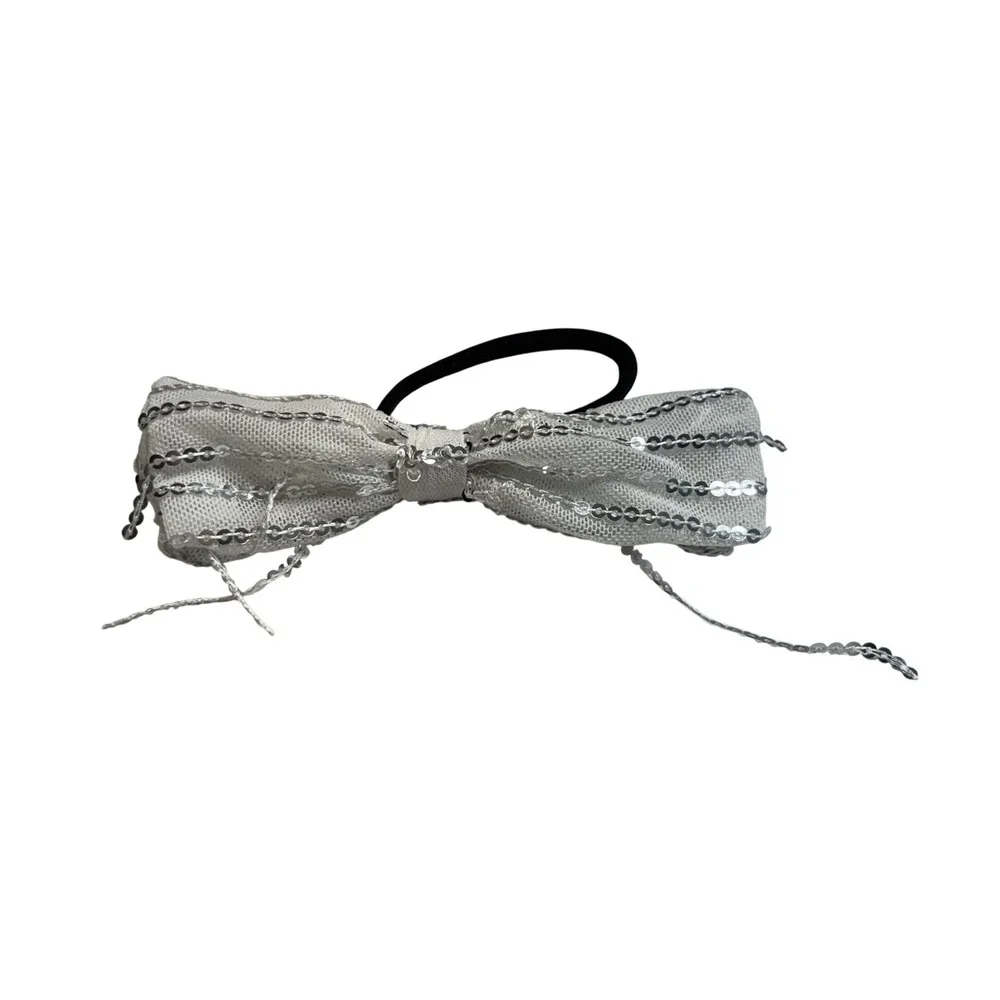 EXARUS Girls White Silver Sequin‎ Fringe Dress Feather Straps Size 14Y Hair Bow